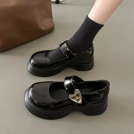 玛丽珍鞋女夏季2023新款厚底增高小个子单鞋黑色复古学院风小皮鞋商品大图