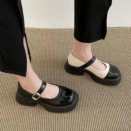 方头玛丽珍单鞋女2023新款春秋百搭漆皮平底法式复古英伦风小皮鞋商品大图