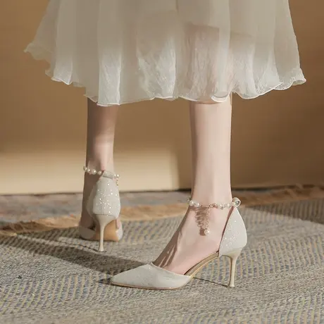 法式气质高跟鞋女2023年新款春秋时尚百搭中空一字扣尖头细跟单鞋商品大图