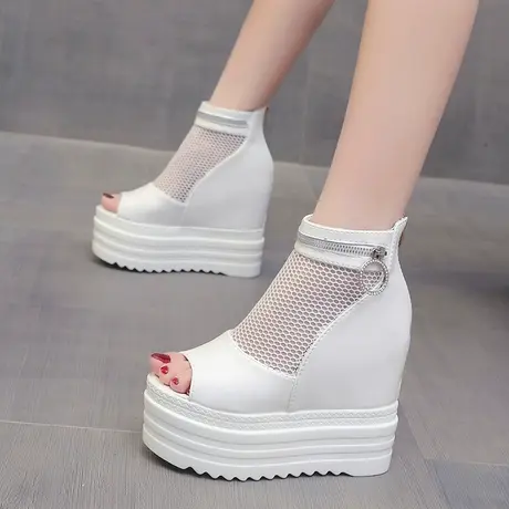 2023年夏季新款厚底坡跟内增高鱼嘴凉鞋女防水台性感蕾丝网纱凉靴商品大图