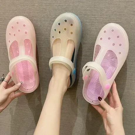 ins潮时尚果冻洞洞鞋女外穿护士凉鞋夏季防滑厚底包头沙滩凉拖鞋商品大图