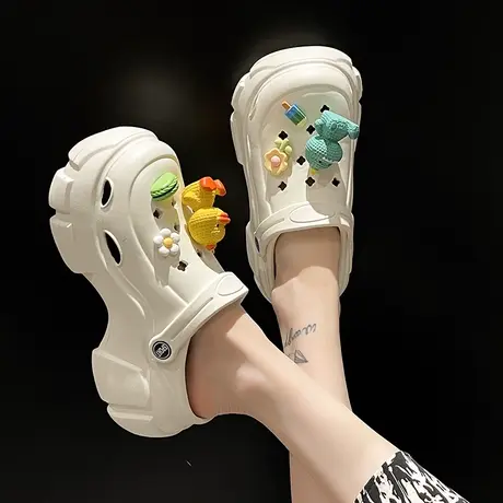 高跟洞洞鞋女夏季可爱卡通DIY厚底外穿防滑沙滩鞋包头两穿凉拖鞋商品大图