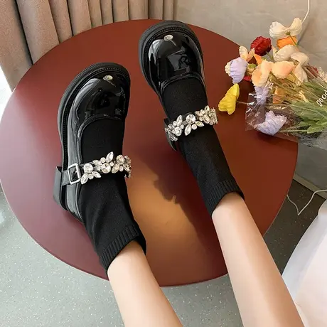 厚底马丁靴女弹力袜靴英伦风增高水钻短靴粗跟针织瘦瘦靴春秋单靴图片