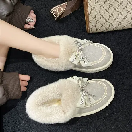 蝴蝶结雪地靴女2024年新款冬加绒加厚一脚蹬保暖防滑学生低帮棉鞋图片