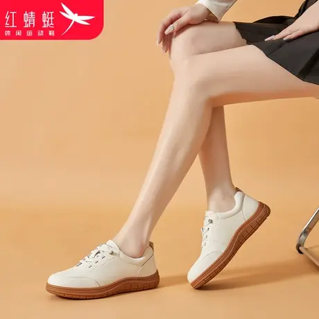 红蜻蜓女鞋春白色鞋子平底休闲复古小白鞋女2024新款爆款真皮百搭图片