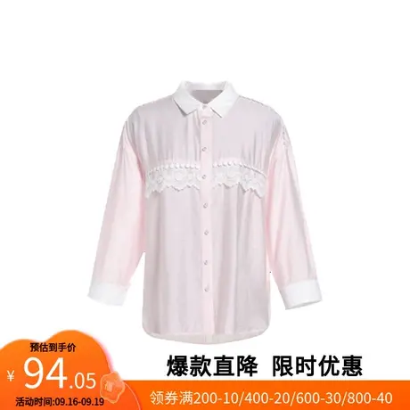 【艾格】蕾丝拼接休闲条纹宽松衬衫女2023春季新款POLO领甜美气质商品大图