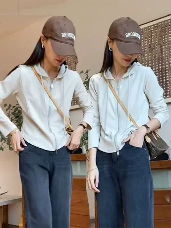 休闲连帽正肩长袖T恤女早秋大码胖mm宽松显瘦不规则鱼骨拉链上衣商品大图