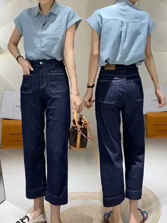气质深蓝色显高牛仔裤女夏季新款小个子港风复古高腰九分阔腿裤子商品大图
