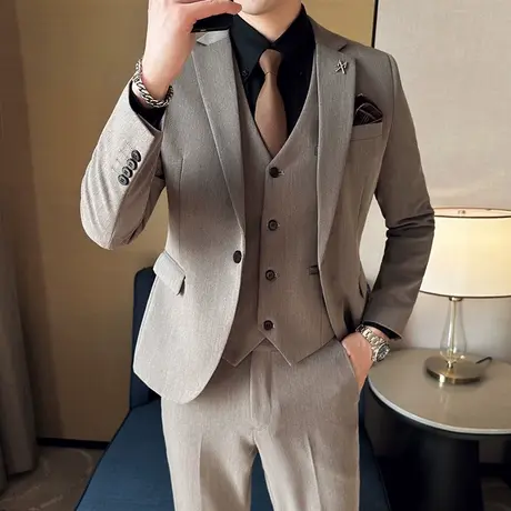 春夏薄款休闲大码西装男修身外套英伦风垂感西服新郎结婚礼服套装图片