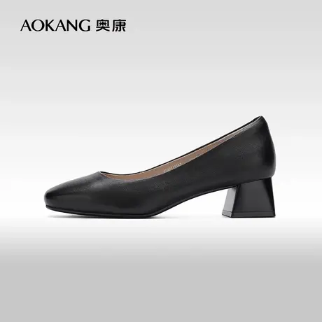 【门店发货】奥康女鞋 春秋季真皮方跟舒适办公室OL通勤浅口单鞋商品大图