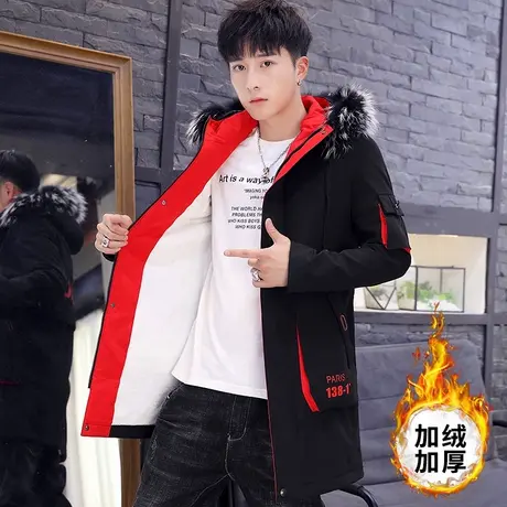 冬季2025新款男士外套中长款加绒加厚夹克连帽学生帅男装上衣褂子商品大图