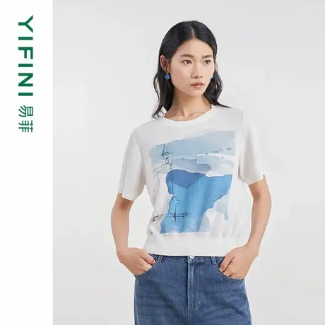 [专柜同款]Yifini/易菲薄款印花纯棉宽松短袖针织衫套头上衣女夏商品大图