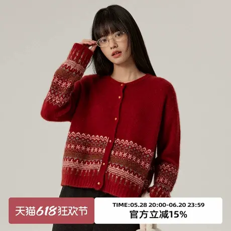 omont蛋挞家新年复古红羊毛费尔岛针织开衫2025春季圆领宽松毛衣商品大图