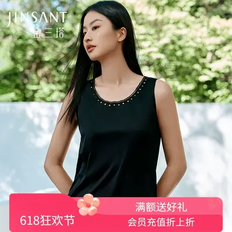 镂空绣花桑蚕丝背心女透气舒适弹力打底可外穿小衫上衣春夏金三塔商品大图