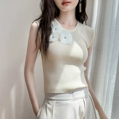 法式高级感无袖针织背心女2024夏季新款修身立体花设计感小众上衣商品大图