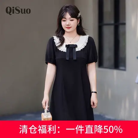 2024夏季新款大码女装优雅花边领小黑裙高腰显瘦胖妹妹A字连衣裙图片