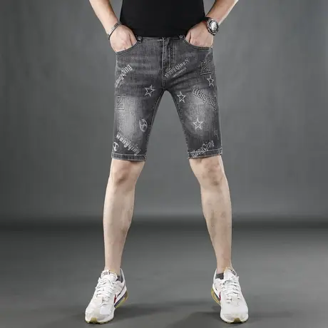 男士牛仔短裤男款五分裤印花新款牛仔裤夏季薄款修身痞帅男裤子商品大图