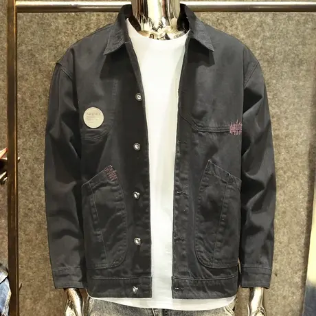 黑色牛仔猎装纯棉休闲外套男春秋季潮牌宽松大码夹克翻领潮流上衣商品大图