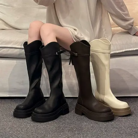 不过膝长筒靴子女款秋冬女靴百搭V口长靴厚底瘦瘦皮靴高筒骑士靴商品大图
