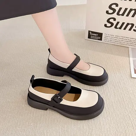 玛丽珍鞋女2023年春秋季新款拼色学院风单鞋粗跟浅口圆头小皮鞋潮商品大图