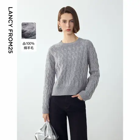 朗姿纯羊毛复古绞花上衣设计感气质女毛衣2024年冬季新款毛针织衫图片