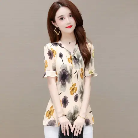 碎花雪纺衫女短袖夏季2023新款妈妈漂亮小衫收腰洋气大码遮肚上衣商品大图