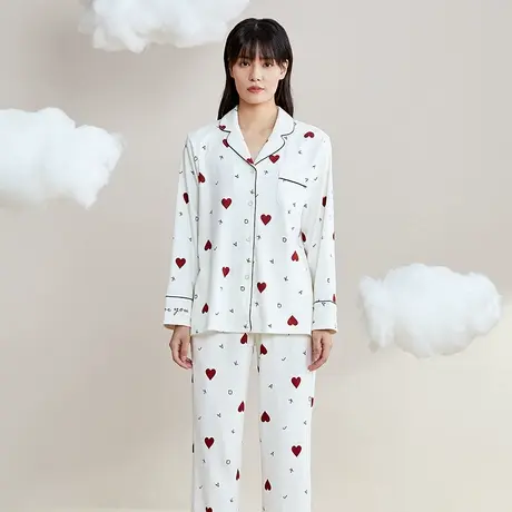 秋鹿【大码清仓】睡衣女士甜美爱心纯棉开衫长袖全棉可爱家居服商品大图