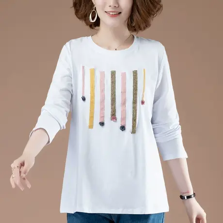 长袖t恤女春秋新款加肥加大码女装宽松纯棉印花遮肚子显瘦打底衫商品大图
