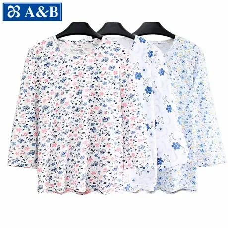 AB内衣中老年人纯棉睡衣9分袖套头圆领春夏薄款大码棉家居服S720商品大图