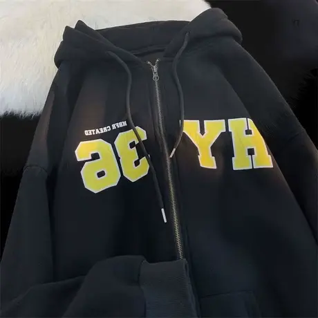 美式高街风大码连帽卫衣女ins潮牌胖mm显瘦秋冬开衫复古加绒外套商品大图