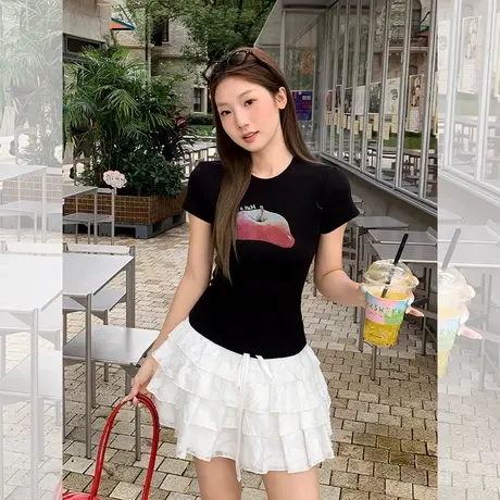 无感正肩字母印花短袖t恤女2025夏季新款修身显瘦设计圆领小上衣商品大图