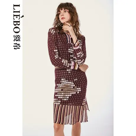 裂帛LIEBOFeng2023年新国潮几何提花亮丝翻领时尚长袖针织衫商品大图