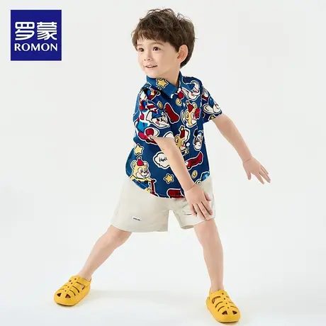 罗蒙男童短袖衬衫纯棉儿童衬衣2025新款宽松夏季宝宝休闲帅气翻领图片