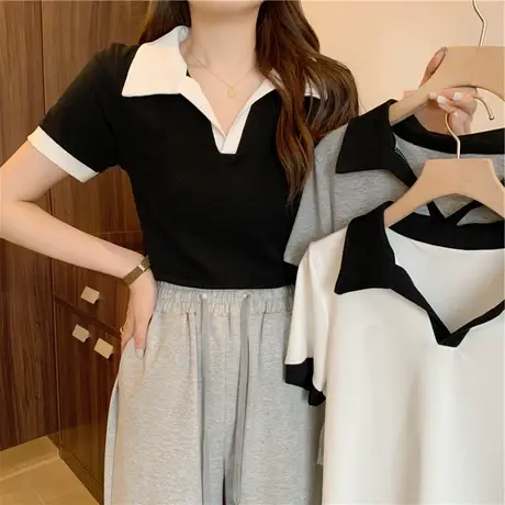 2023年新款正肩polo衫灰色v领短袖t恤独特别致修身辣妹上衣女夏季图片