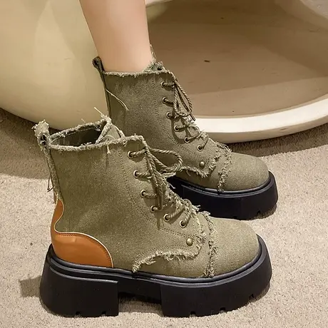 2023新款秋冬女靴厚底粗跟做旧毛絮款休闲马丁靴拼接设计感短靴女图片