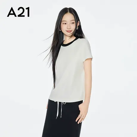 A21女装撞色拼接圆领短袖T恤2025夏秋新款简约设计感百搭套头上衣商品大图
