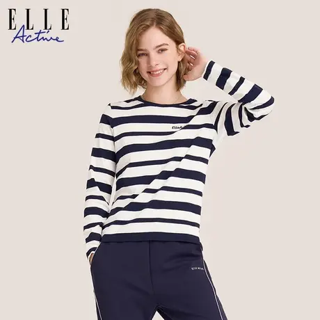 【花花推荐】ELLE Active航海系穿搭长袖t恤女上衣纯棉条纹打底衫商品大图
