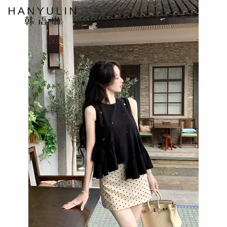 韩语琳 8/18 韩系钉珠设计感小众黑色上衣2025新款不规则无袖吊带图片