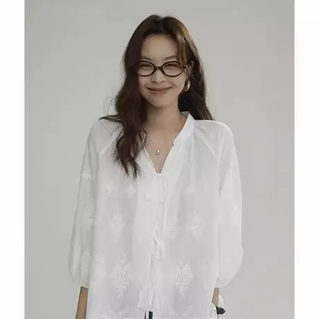爵莱菲大码重工刺绣蕾丝边棉感白衬衫女夏季高级感小众百搭衬衣商品大图