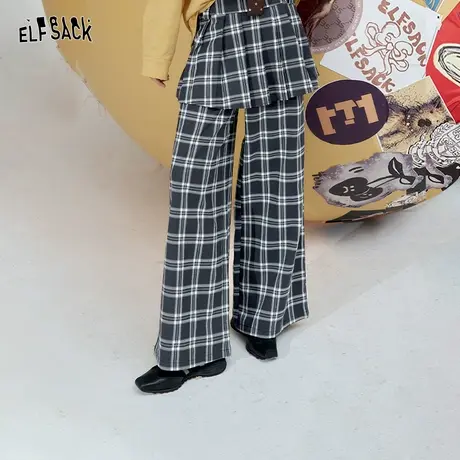 妖精的口袋复古格子假两件屁帘阔腿裤女2025早秋新款显瘦百搭裤子商品大图
