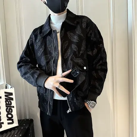 小众外套秋季2023新款潮牌满印树叶高级感痞帅个性发型师休闲夹克商品大图