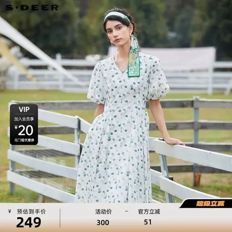sdeer圣迪奥女装田园风V领碎花收腰泡泡袖连衣裙S24261211图片