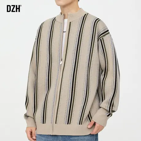 男士半高领开衫毛衣男秋冬高级感2023新款条纹针织衫外套宽松上衣商品大图