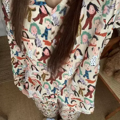 新品！围巾小人可爱卡通纯棉双层纱长袖长裤套装翻领休闲家居服商品大图
