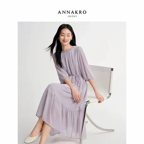 玖姿安娜蔻优雅气质麻花圆领腰带收腰雪纺连衣裙女2026春季新款图片