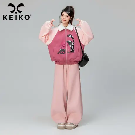 KEIKO 创意卡通印花拉链卫衣外套女加绒2023秋冬插肩袖polo领上衣商品大图