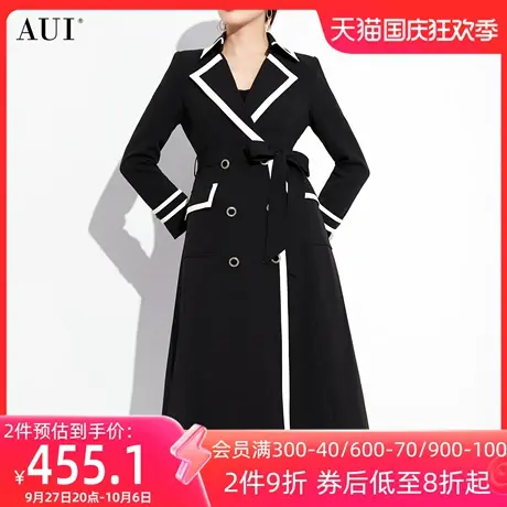 AUI气质撞色拼接风衣外套女2023新款秋季高级感双排扣中长款大衣图片