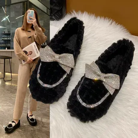 羊羔毛毛鞋女秋冬外穿2023年新款水钻蝴蝶结棉单鞋平底加绒一脚蹬图片