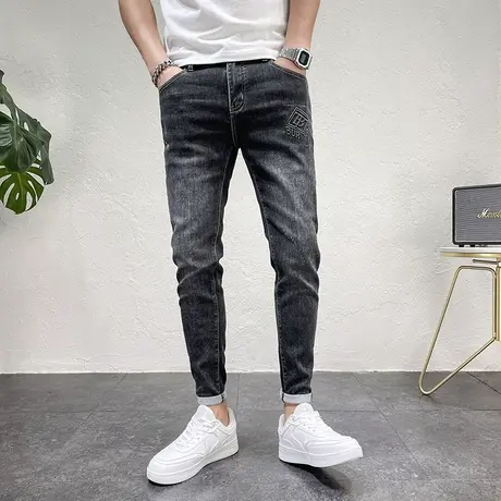 2023秋季新品高端轻奢男士牛仔裤做旧猫须压花修身小脚潮流男裤子商品大图