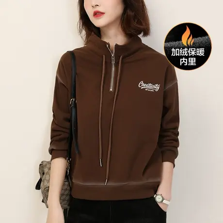 【双11新品6.5折】复古立领刺绣宽松套头加绒卫衣女款百搭上衣图片